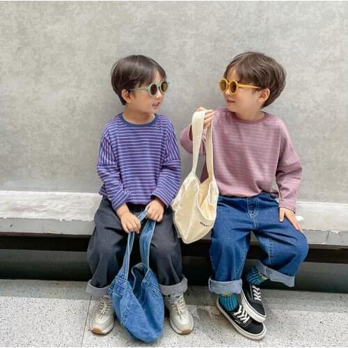 2021 new girls boys striped t shirt autumn cotton full sleeve fashion kids top 2-8 years WS405