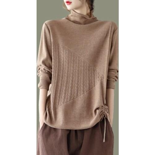 New Retro High-Necked Long-Sleeved Drawstring Bottoming Shirt Loose Sweater Pullover Top Women Solid Color Wild Blusa Fall y374