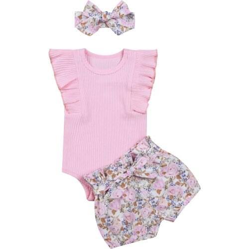 New Baby Sleeveless Romper + Shorts + Bow Headband, Flower Print Farmhouse Style Spring Clothing