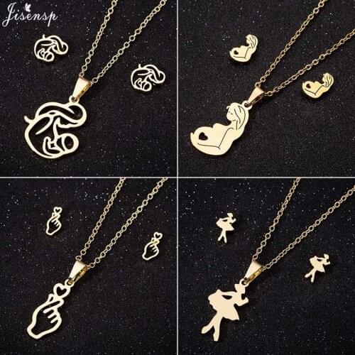 Jisensp Maternal Love Stainless Steel Jewelry Sets Exquisite Mother Breast-feeding Baby Pendant Necklace Earrings for Women Gift