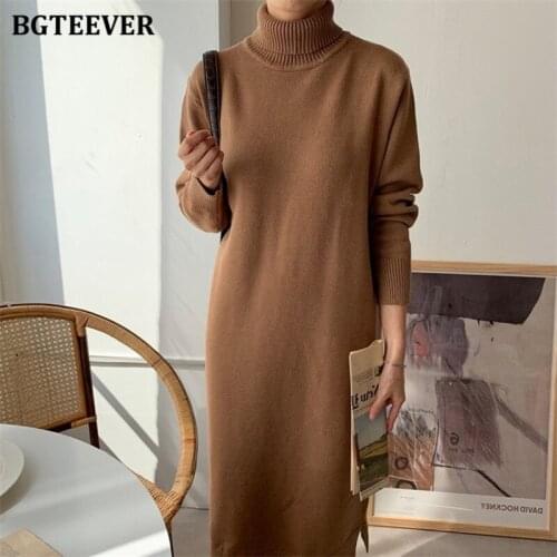 BGTEEVER Vintage Turtleneck Ladies Sweater Dress 2021 Autumn Winter Warm Loose Full Sleeve Split Knitting Women Dresses vestidos