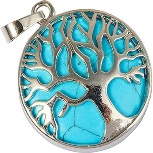 FYJS Unique Silver Plated Tree of Life Round Shape Blue Turquoises Stone Pendant Popular Jewelry