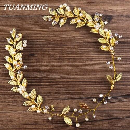Golden Leaf Headband For Bride Pearl Wedding Headband Tiara Rhinestone and Pearl Hair Band Wedding Headband Metal