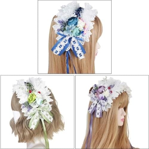 Lolita Pastoral Headband Artificial Flower Ruffled Lace Hairband Sweet Bowknot Long Ribbon Anime Cosplay Hair Accessory