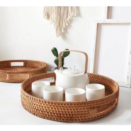 Rattan Hand Woven Round High Wall Serving Tray Food Storage Platters Plate with Handles for Breakfast Drinks Snack for Coffee