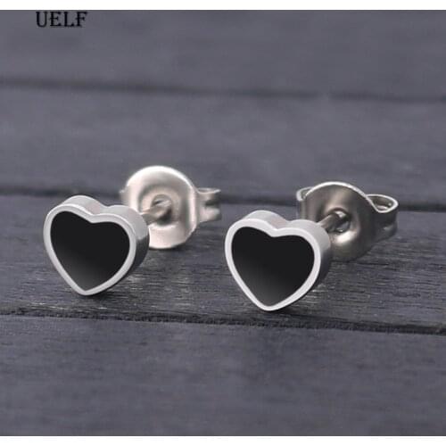 Uelf Luxury Female Black Stud Earrings Fashion Stainless Steel Small Heart Earrings For Women Vintage Wedding Jewelry