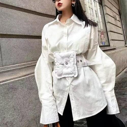 Belted high street spring and summer designer womens blouse casual long lantern sleeve top Blousa top NS829