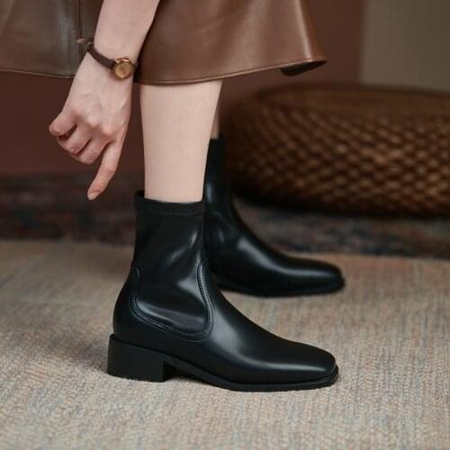 Concise Women Ankle Boots Fashion Pu Leather Boots Spring Autumn Square Toe Zip Chunky Middle Heels Stretch Booties New Size 43
