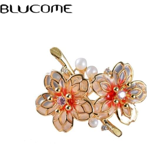 Blucome Red Plum Blossom Flowers Weddings Party Brooches For Women Exquisite Brand Cubic Zircon Copper Brooch Hijab Pins Gifts