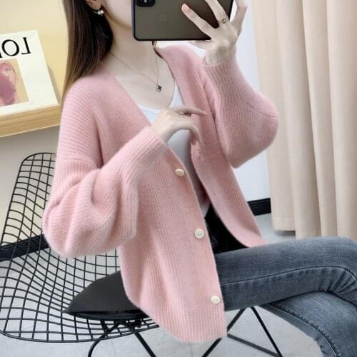 Baoqing'er 2020 autumn new product loose Korean V-neck Cardigan Jacket Womens casual bubble sleeve top fashion