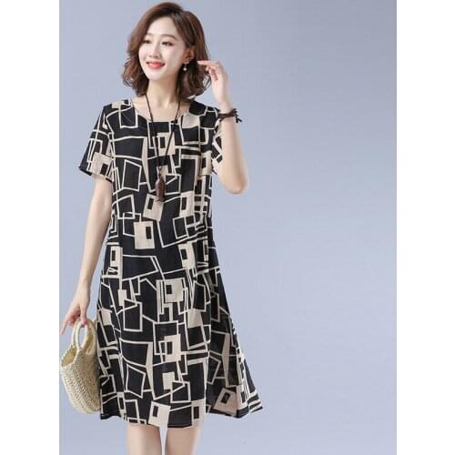 Cotton Linen Women Summer Dress 2020 Casual O-Neck Short Sleeve A-Line Graffiti Midi Dresses for Women Vestidos De Fiesta