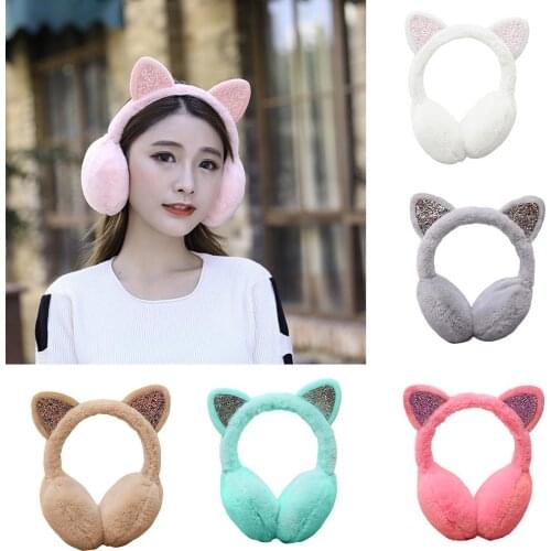 Winter Cute Lady Sequin Ears Fluffy Earmuffs Earflap Earcap Ear Warmer Cartoon Cover Newest Women Girl Adjustable Earflap