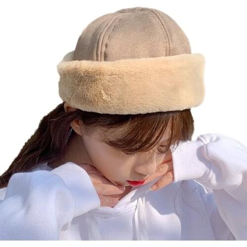 Winter Warm Suede Velvet Beanie Hat Solid Color Plush Cuffed Brimless Skull Cap Y1QD