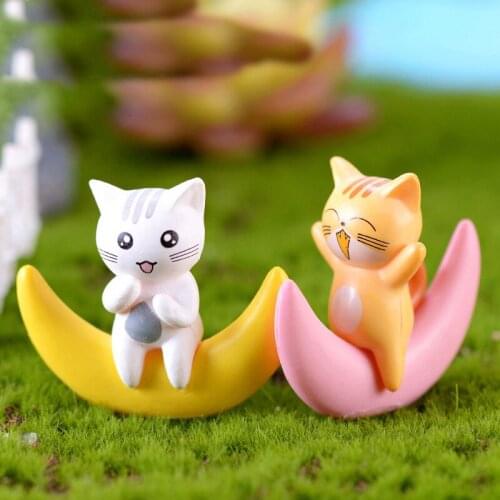 2PCS Moon Lover Cat Figures Dating Miniature Figurine Wedding Decoration Doll Fairy Garden Statue Home Gift Moss Garden