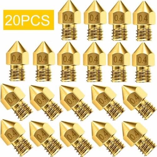 20PCS 0.4mm 3D Printer Extruder Brass Nozzles for Makerbot MK8 Creality CR-10 Ender 3 3Pro 5 Input Diameter 1.75mm Out Thread M6