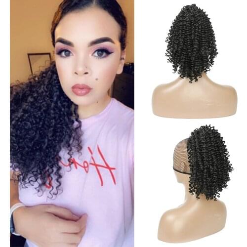 Afro Hairpiece Ponytail Hair Extension Synthetic Curly Fake Drawstring Pony Tail with Clips in Natural Black
