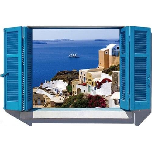 DIY Wall Sticker Blue Mediterranean Scenery Fake Window Wallpapers Art Mural Waterproof Bedroom Wall Stickers Muraux Home Decor