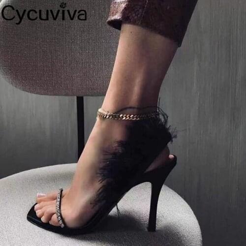 Designer Feather High Heel Sandals Women Shoes Crystal Ankle Wrap One Belt Stiletto Ladies Shoes Sexy Party Nightclub Pumps 2021