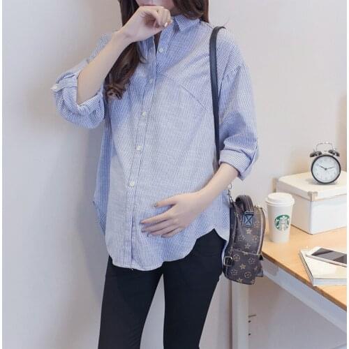 Maternity Elegant Blue stripe Blouse Elegant SpringAutumn Pregnant women Long Sleeve Loose Shirts Pregnancy Fashion Tops Clothes