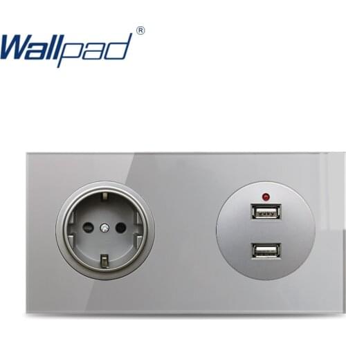 Wallpad EU Wall Socket With 2.1A USB Charging Port Grey Crystal Tempered Glass Double Panel