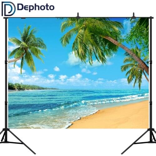 DePhoto Photography Backdrops Blue Sea Clouds Beach Coconut Tree Summer Holiday Travel Nature for Photo Background
