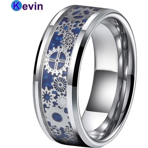 Men Women Wedding Band Tungsten Carbide Ring With Blue Carbon Fiber Based Steampunk Gear Wheel Inlay Comfort Fit