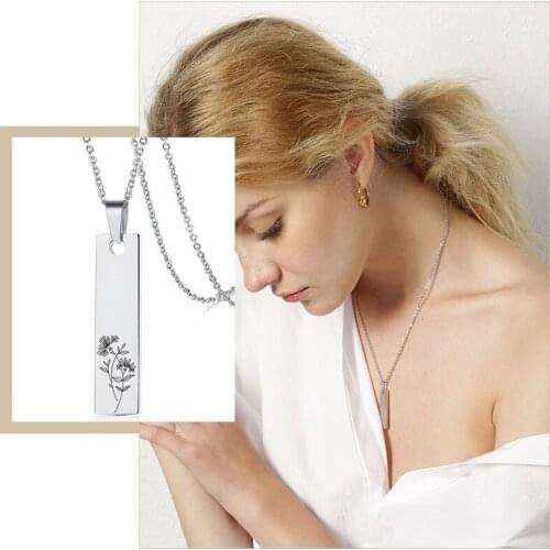 Minimalist Personalize Engraved Birth Flowers Stainless Steel Bar Pendant Necklaces for Women Sisters BFF Custom Gifts Jewelry