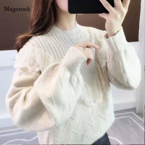 Fashion Pullover Solid Lace Splicing Knitted Jersey Casual Loose Sweater Autumn Winter 2020 New Women Sweater Pull Femme 11744
