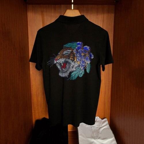 Mens Comfortable Korean Soft Top Quality Slim Fit Polo Shirt Business Clothes HD Leopard Hot Rhinestone Popular Short Sleeve