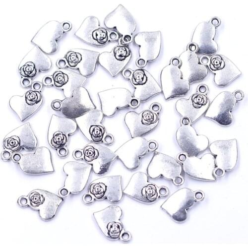 20Pcs Pendants Heart Rose Flower Love Metal Silver Tone Jewelry DIY Findings Charms 15x11mm