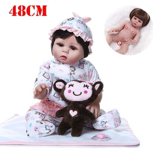Straight hair 48CM bebe reborn toddler doll girl in monkey dress full body soft silicone baby reborn bath toys gift npk doll