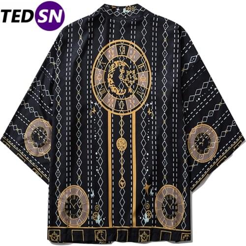 Aelfric Eden 2020 Summer Fashion Japanese Timepiece Print Shirts Harajuku Hip Hop Kimono Jacket Men Front Open Coats Streetwear