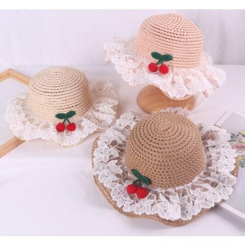Summer Kids Girl Hat Cute Paper Straw Cherry Children Girls Caps Panama Sun Beach Baby Lace Brim Hats Gorro