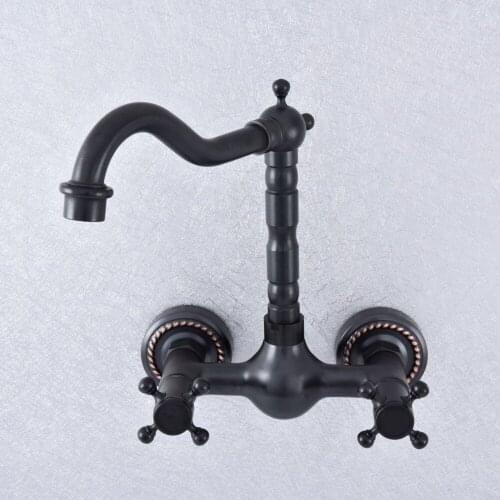 Black Oil Rubbed Bronze Brass Wall Mounted Dual Cross Handles Kitchen Bathroom Vessel Sink Faucet Mixer Taps asf725