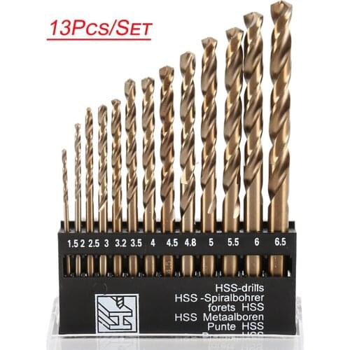 13Pcs/Set 1.5-6.5mm Cobalt Coated Twist Drill Bit Set HSS M35 Gun Drill Bit for Wood/Metal Hole Cutter Tools HSS Drilling Bit