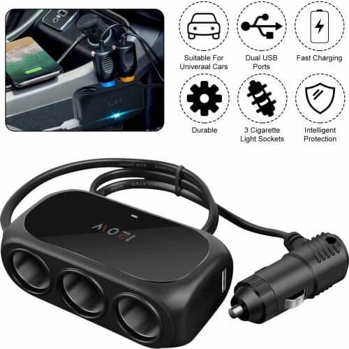 3 Way Universal Car Cigarette Lighter Socket Splitter LED Dual USB Charger Power Adapter DC 12V-24V For Mobile Phone PC Ipad