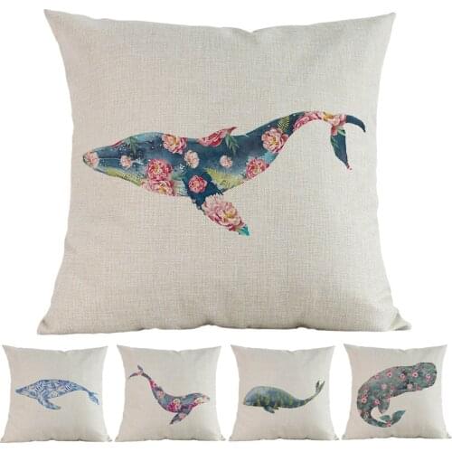 Watercolor Style Creative Beautiful Plants Flowers Whale Linen Pillow Case Home Sofa Decoration Cushion Cover Personality Gift