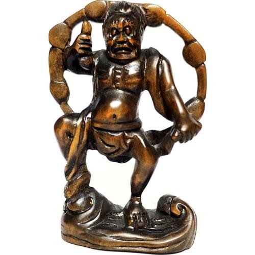 Y6364 -- 2" Hand Carved Japanese Boxwood Netsuke - God of Thunder Bishamonten