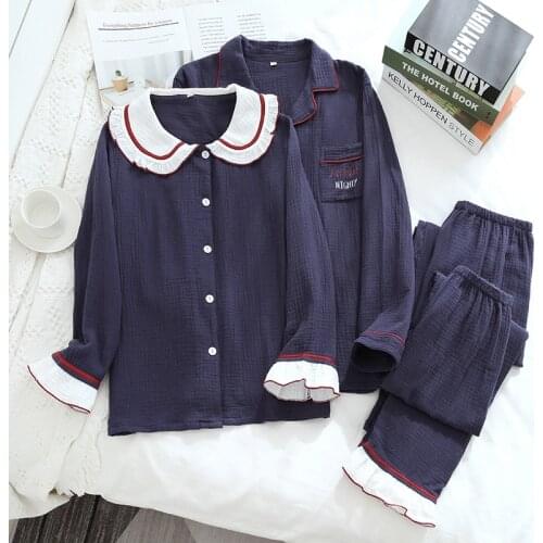 Japanese new seasons wear couple pajamas 100% cotton home service simple men and women plus size set spring and autumn sleepwear