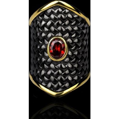 925 Silver Womens Exaggerated Black Gold Ring Irregular Geometric Shape Ring Red Zircon Jewelry Party Jewelry Ring