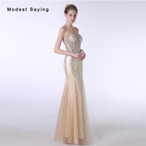 New 2017 Champagne Beaded Evening Dresses with Rhinestone Sexy Sheer Formal Prom Dress Mermaid Party Prom Gowns with Sweetheart