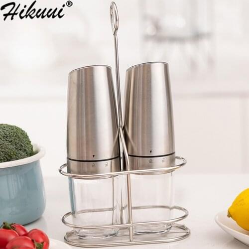 2Pcs Gravity Electric Salt And Pepper Grinder Automatic Pepper Mill LED Light Spice Herb Battery Kitchen Gadgets Black and Slive