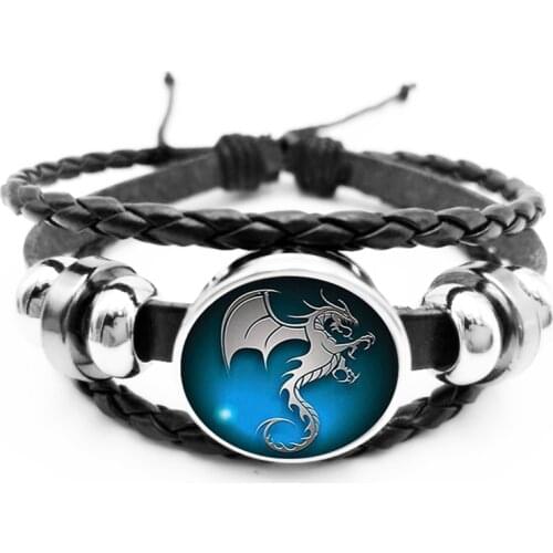 Initial / Hot Dragon Flying Seahorse Pattern Glass Black Snap Bracelet Mens Personalized Bracelet Jewelry