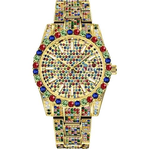 Hip Hop Cool Color Full Diamond Watches Men Fashion Alloy Band Luxury Brand Gold Calendar Quartz Clock Montres De Marque De Luxe