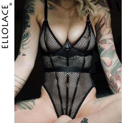 Ellolace Fishnet Tights Bodysuit Sensual Lingerie Transparent Exotic Costumes Underwire Sexy Body Porn Open Crotch For Women