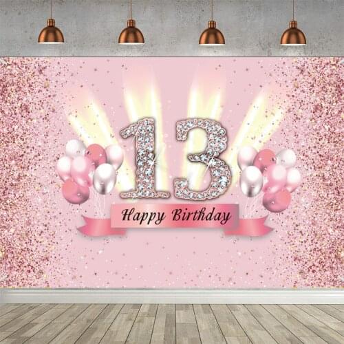 Happy 13th Birthday Backdrop for Girls Happy Thirteen Years Old Birthday Party Background Shining Glitter Gold Spots Pink & Gold