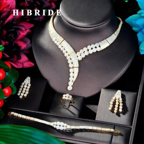 HIBRIDE Unique Design Gold Color Dubai 4PCS Wedding Bridal Cubic Zircon Necklace Set Dress Jewelry Set For Party Gifts N-834