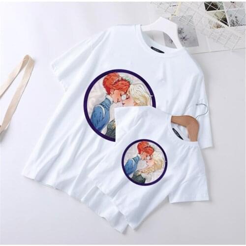 Frozen Elsa Anna Disney Princess Printed Family Matching Tshirts Summer White New Streetwear Kids Mother Daughter Tops Harajuku