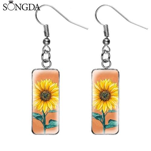 Classical Fresh Cute Sunflower Daisy Pattern Rectangle Glass Cabochon Metal Drop Earrings French Dangle Womens Gifts Jewelry
