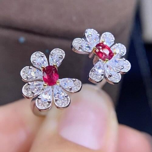 Natural ruby or emerald or sapphire flower ring Per jewelry 925 sterling silver 3*4mm 0.3ct*2pcs gemstone Fine jewelry J21679